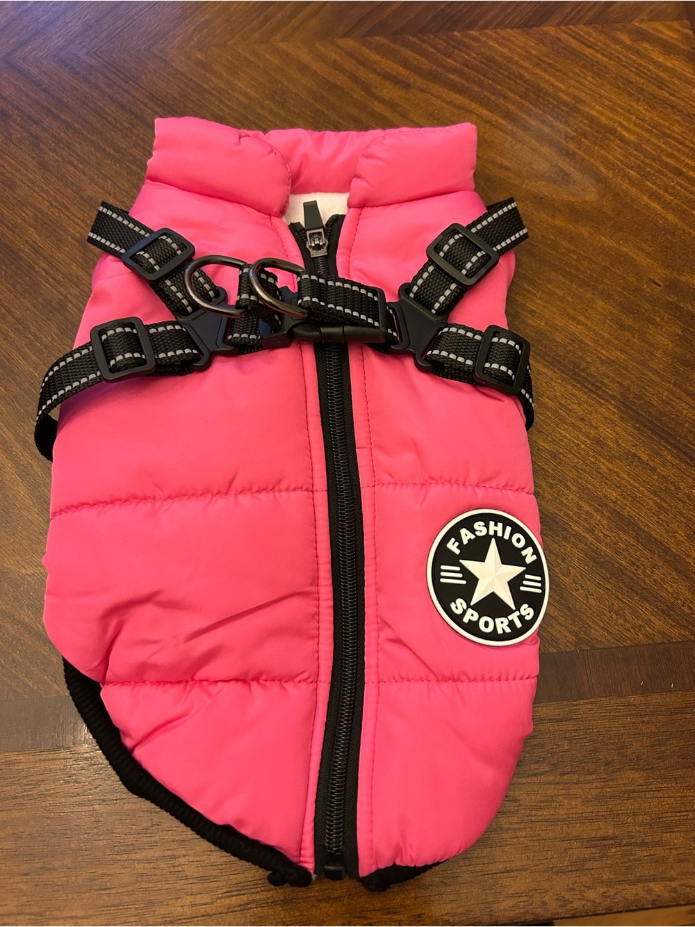 Small Pink puffer dog vest with built in harness. Brand New